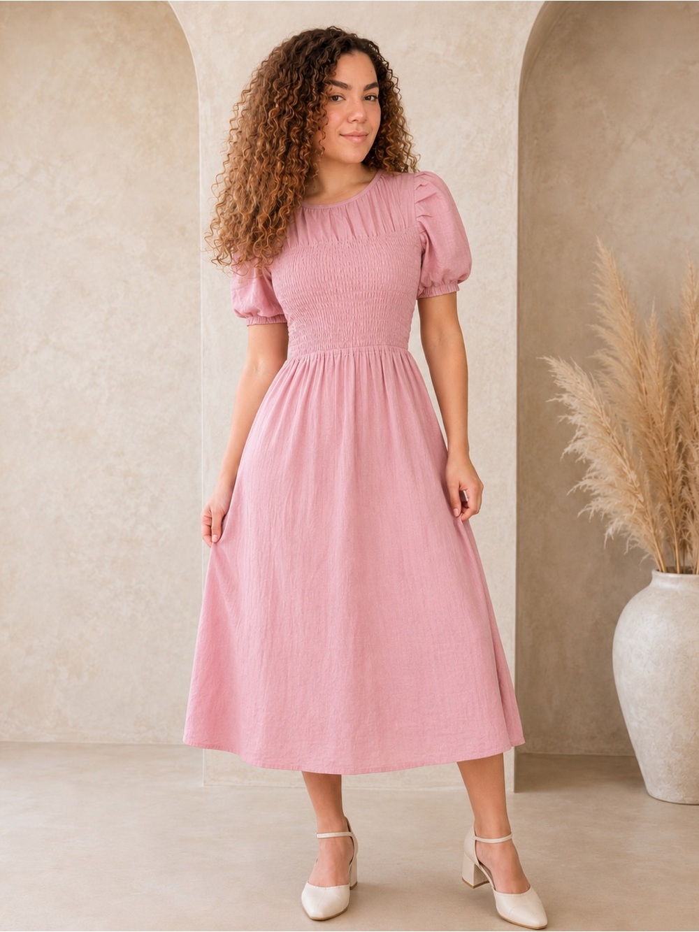 Baliln Dusty Pink Sophie Smocked 100% Linen Midi Dress Rose Pink Size Small